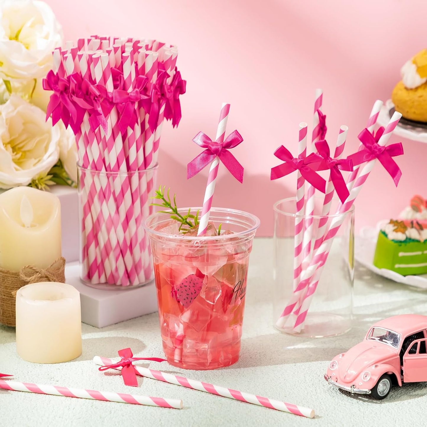 50 Pcs Rose Red Paper Straws for Drinking, Bow Disposable Striped Paper Straws Bulk Rose Red Theme Birthday Party Supplies for Wedding Cake Decorations Bachelorette Baby Shower