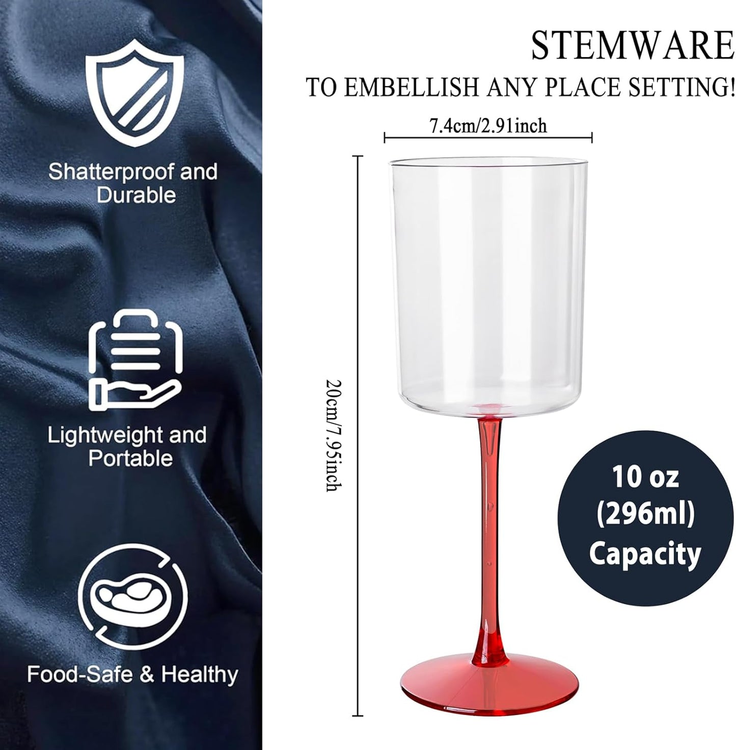 Ciaell 12 Pack 10 Oz Clear Plastic Wine Glasses with Red Stem - Disposable Cocktail Goblets Perfect for Parties & Weddings & Poolside & Outdoors & Camping & Party & Christmas