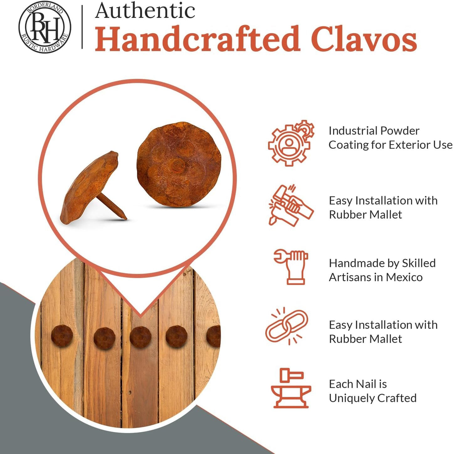 50 Pack 1.5" Round Head Iron Clavos Decorative Nails – Rusted – Handmade Rustic Round Fasteners for Farmhouse Shutters, Faux Wood Beams, Barn Doors, Shutters, Gates – Ornamental Wood Accent