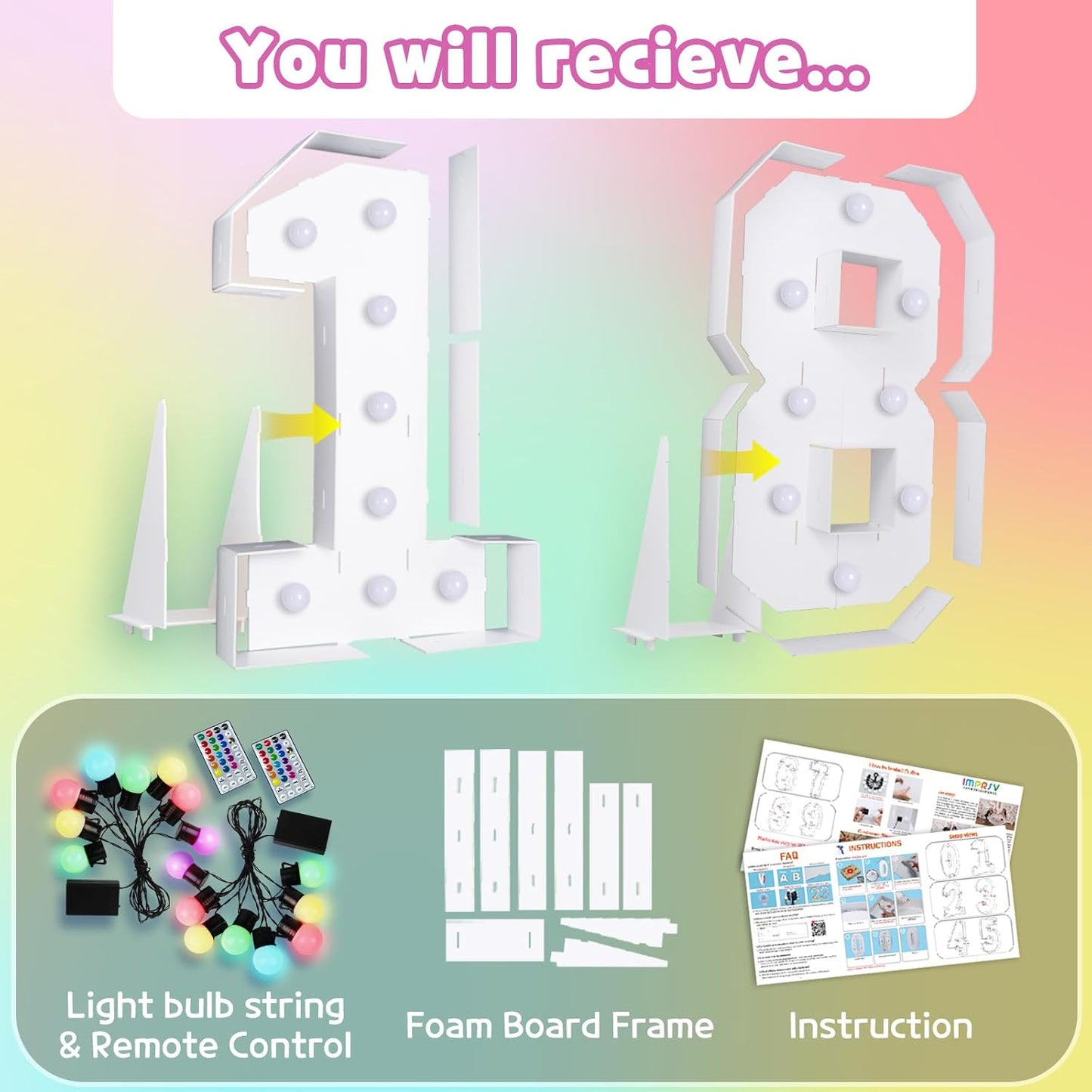 Marquee Numbers 18th-Birthday Decoration: Colorful 4FT Large Light Up 18 Year Old Birthday Decorations Anniversary Backdrop for Boys Girls Cardboard Sign 18 Colors Number 18 Mosaic Balloon Frame