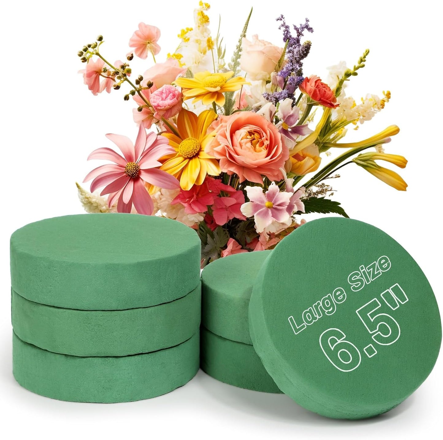 6 Pcs Round Floral Foam Blocks for Flower Arrangements (Diameter6.5”) Large Wet and Dry Green Flower Florist Foam Round for Fresh and Artificial Flowers, Plant Decorations