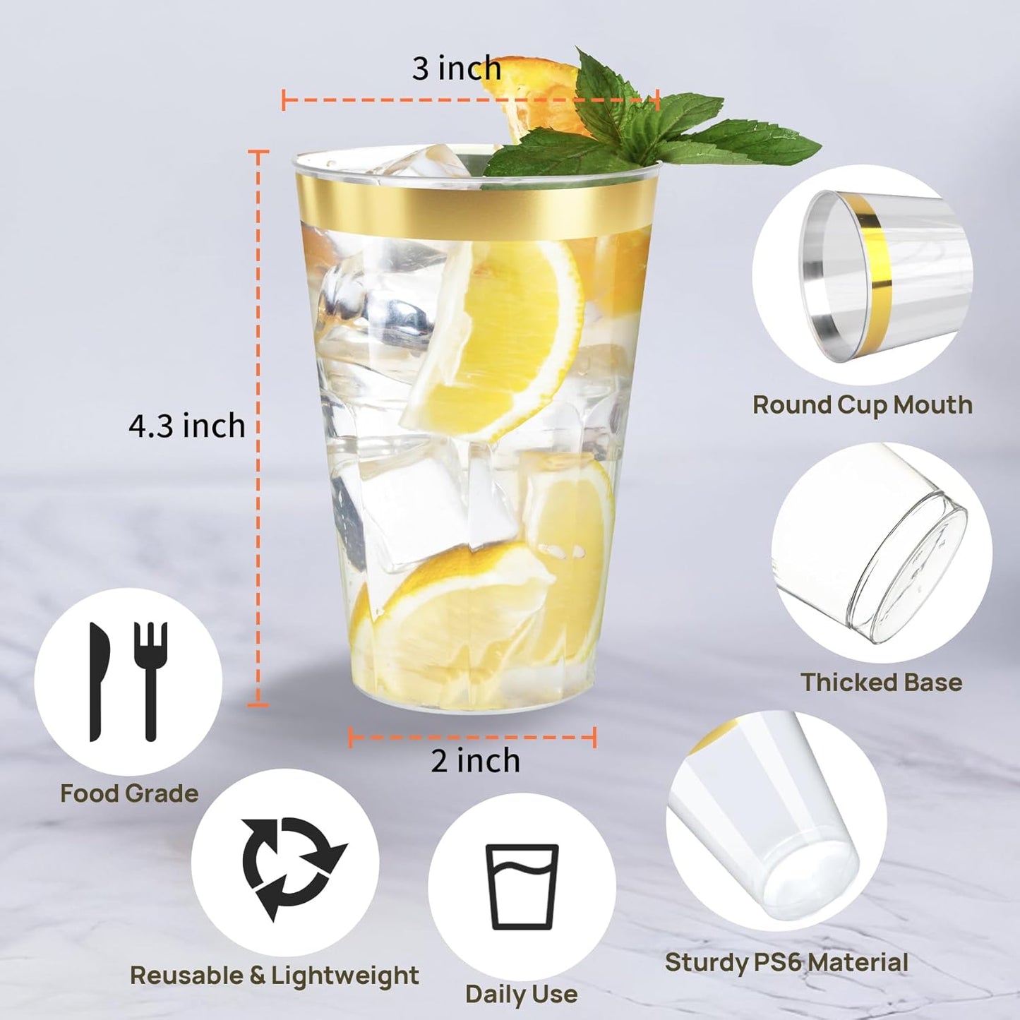 12OZ Plastic Cups with Gold Rimmed Sturdy & Food Safe Disposable Wine Glasses Weeding Party Cups Disposable Drinking Cups Plastic Cocktail Glasses for Wine, Juice & Cold Beverages [200 Pack]