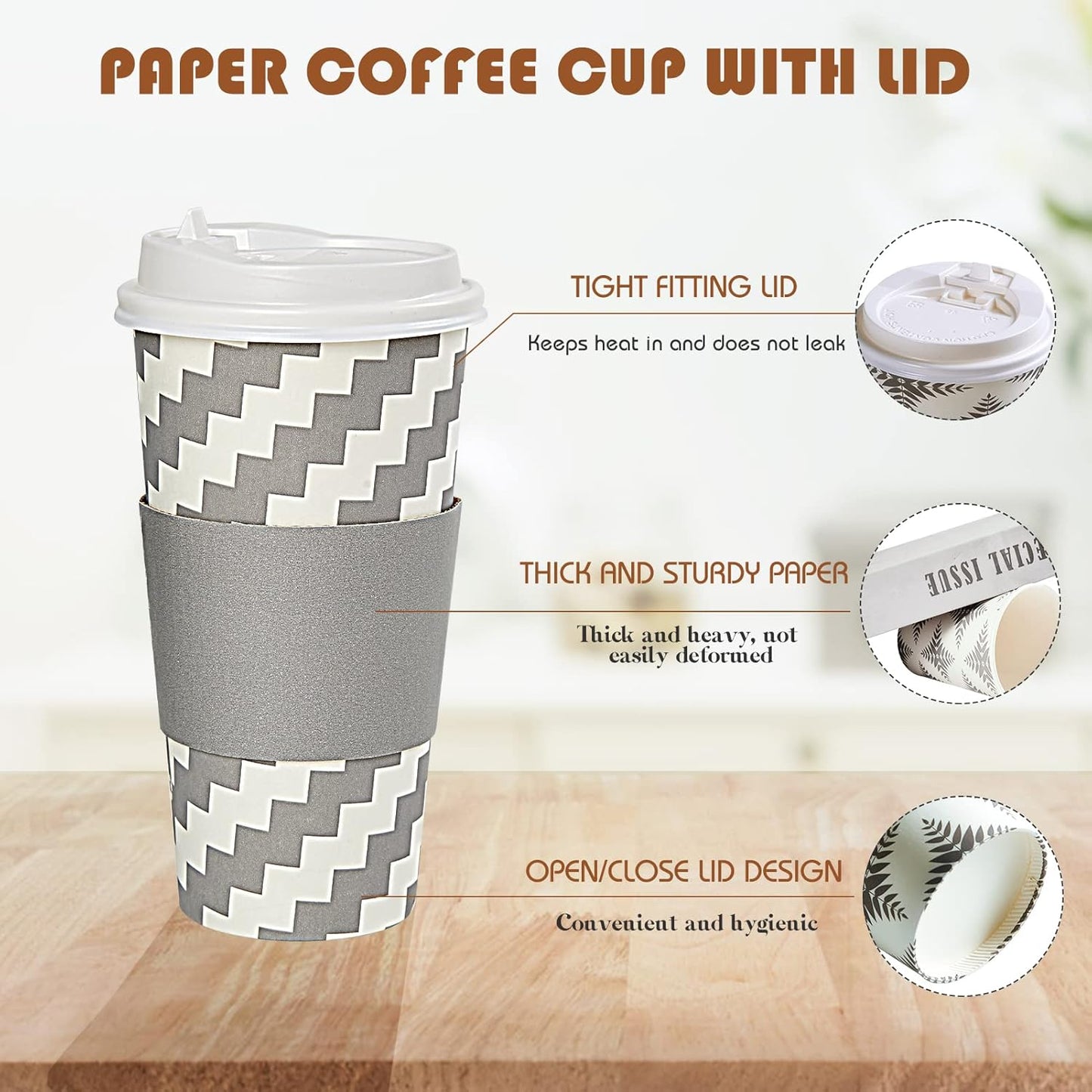 LITOPAK 100 Pack 20 oz Paper Coffee Cups with Lid, Sleeve, and Straws, Four Designs of Disposable Hot Coffee Cups for Home, Stores, and Cafes