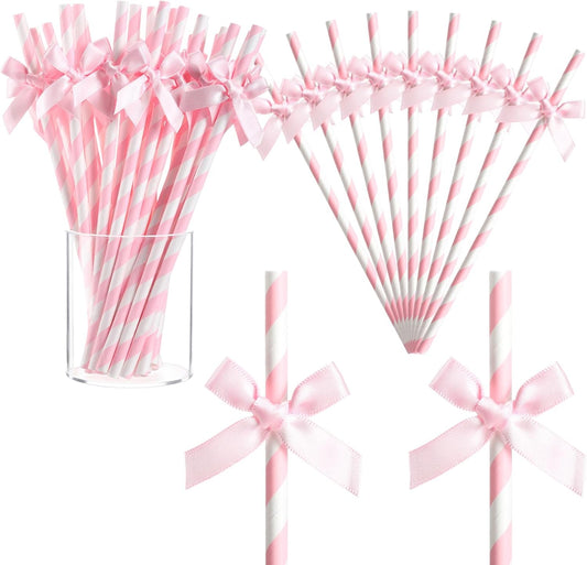 150 Pcs Pink Paper Straws for Drinking, Bow Disposable Striped Paper Straws Bulk Pink Theme Birthday Party Supplies for Wedding Cake Decorations Bachelorette Baby Shower