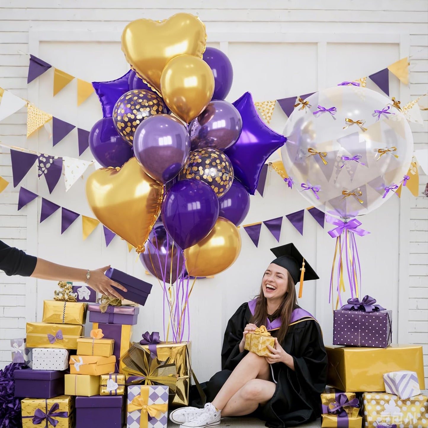 Purple and Gold Balloons Heart Star Mylar Balloon, Metallic Royal Dark Purple and Gold Party Decorations 18 in Star Heart Shape Balloon as Graduation Prom Mardi Gras Birthday Party Supplies Decor