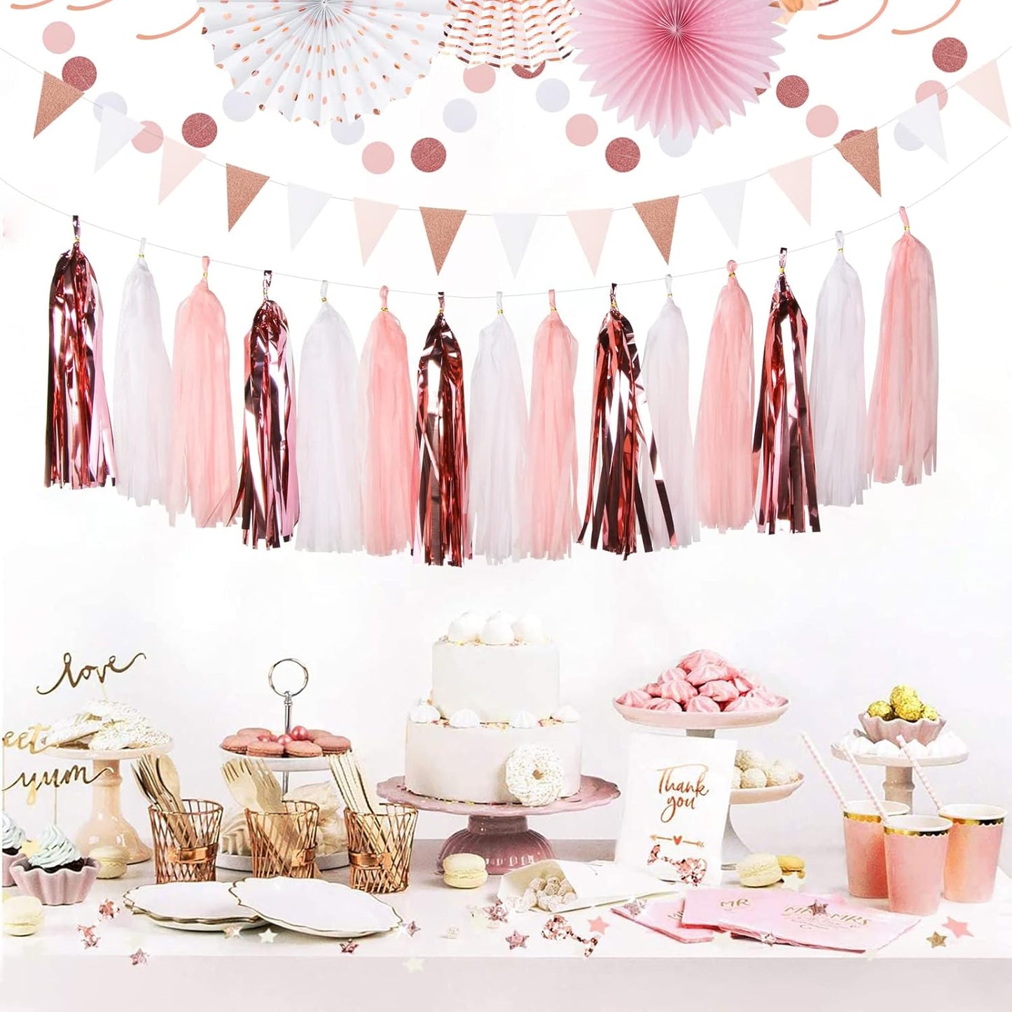 Rose-Gold Pink-White Graduation Party-Decorations - 33pcs Banner,Streamers Tassel Garland,Tissue Pom Poms Honeycomb,Paper Lantern Fan,Birthday Wedding Bridal Baby Shower Bachelorette Engagement Hugtmr