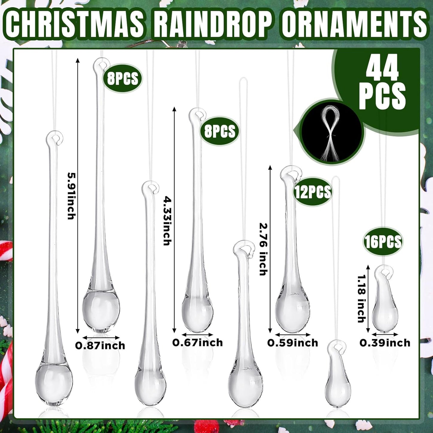 44 Pcs Clear Glass Teardrop Christmas Ornaments Crystal Raindrop Hanging Ornaments Crystal Chandelier Drop Pendant Icicles Decorations for Christmas Tree Winter Party Supplies (4 Medium Size)