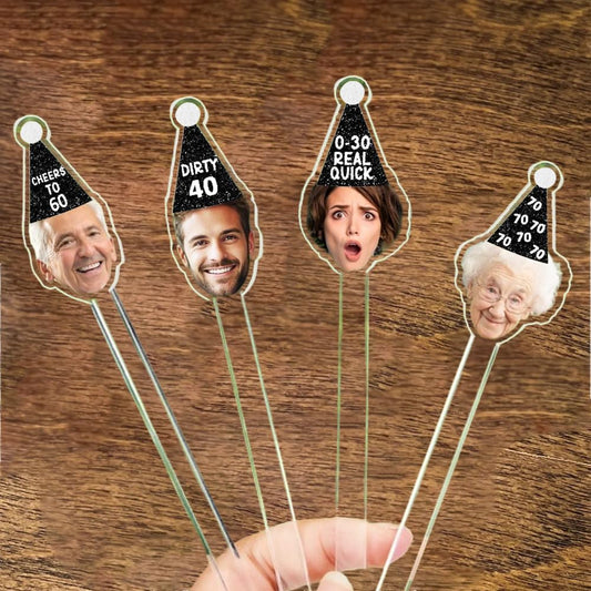 Personalized 50 Pcs Drink Stirrers With Photo Face, Custom Birthday Stir Sticks, 30th - 50th Birthday Party Decorations, 70th 80th 90th Birthday Decor, Pet Birthday Hat Cocktail Sticks DS4