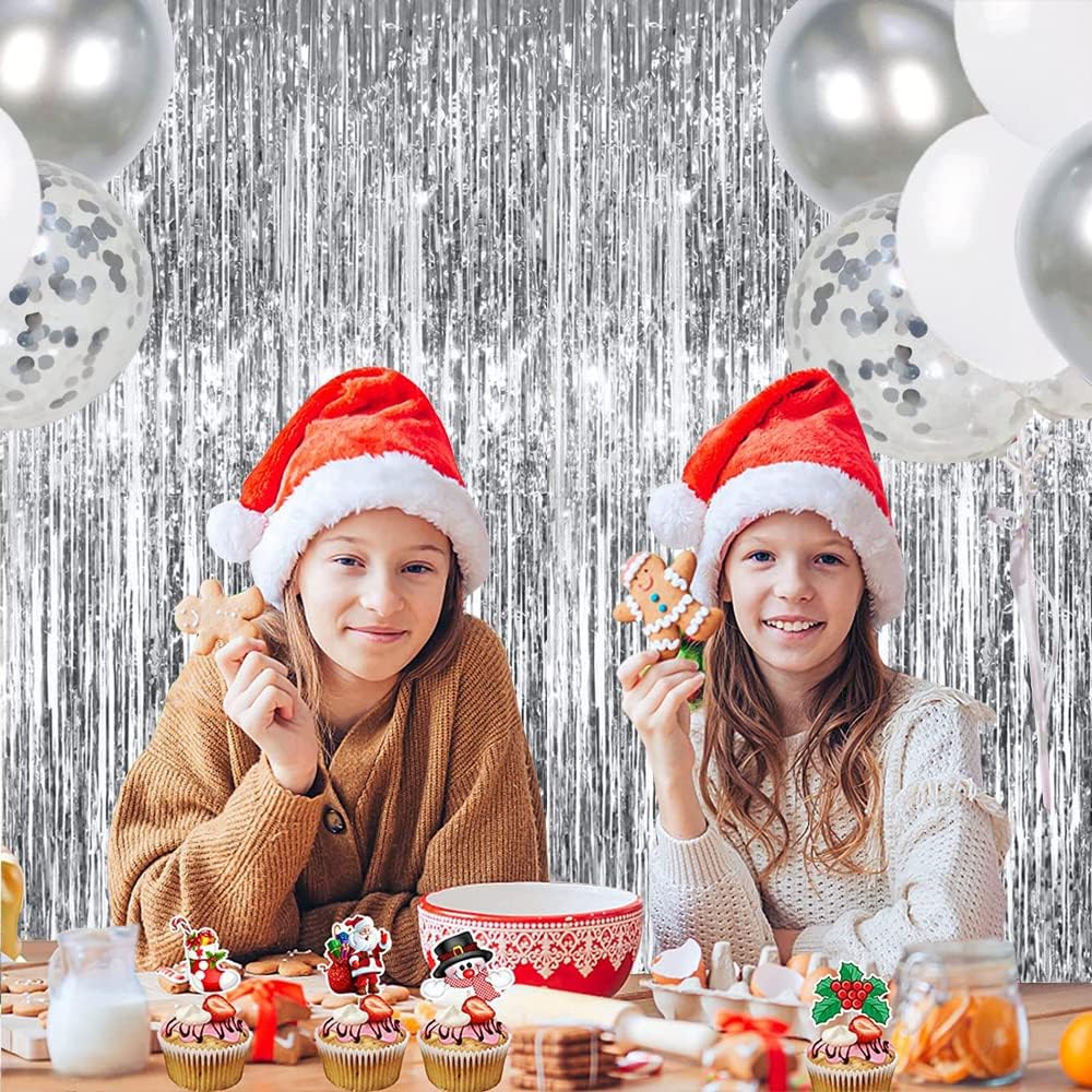 TONIFUL 3Pcs Silver Metallic Tinsel Foil Fringe Curtains,3.28ft x 6.56ft Silver Photo Booth Backdrop Streamer Curtain,Great for Bachelorette,Birthday,Christmas,New Year Party Decorations