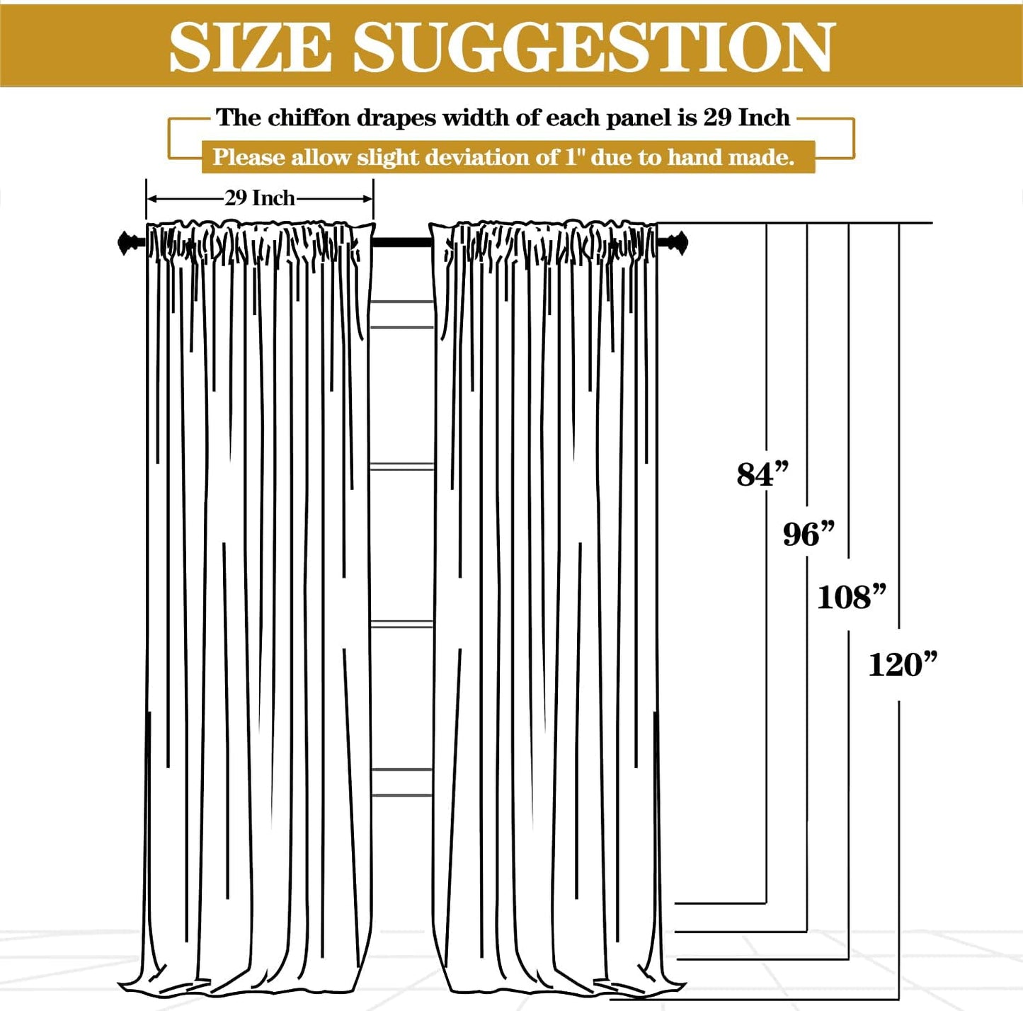 DUOBAO Yellow Chiffon Backdrop Curtains 108 Inches 2 Panels 29 Inch Width Backdrops Drape Semi Sheer Curtain 108 Long Beach Drapes for Living Room Voile Background for Wedding Ceremony