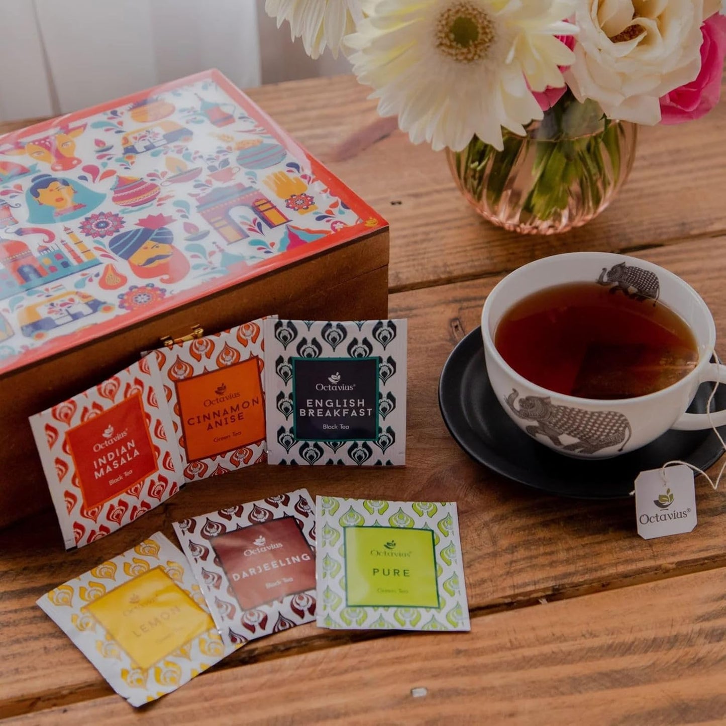 Octavius Gift's Select - Assorted Tea in Multi Design Printed Wooden Box | 6 Flavors, 90 Tea Bags | Black & Green Tea | Tea Gifts for Women & Men | Tea Variety Pack