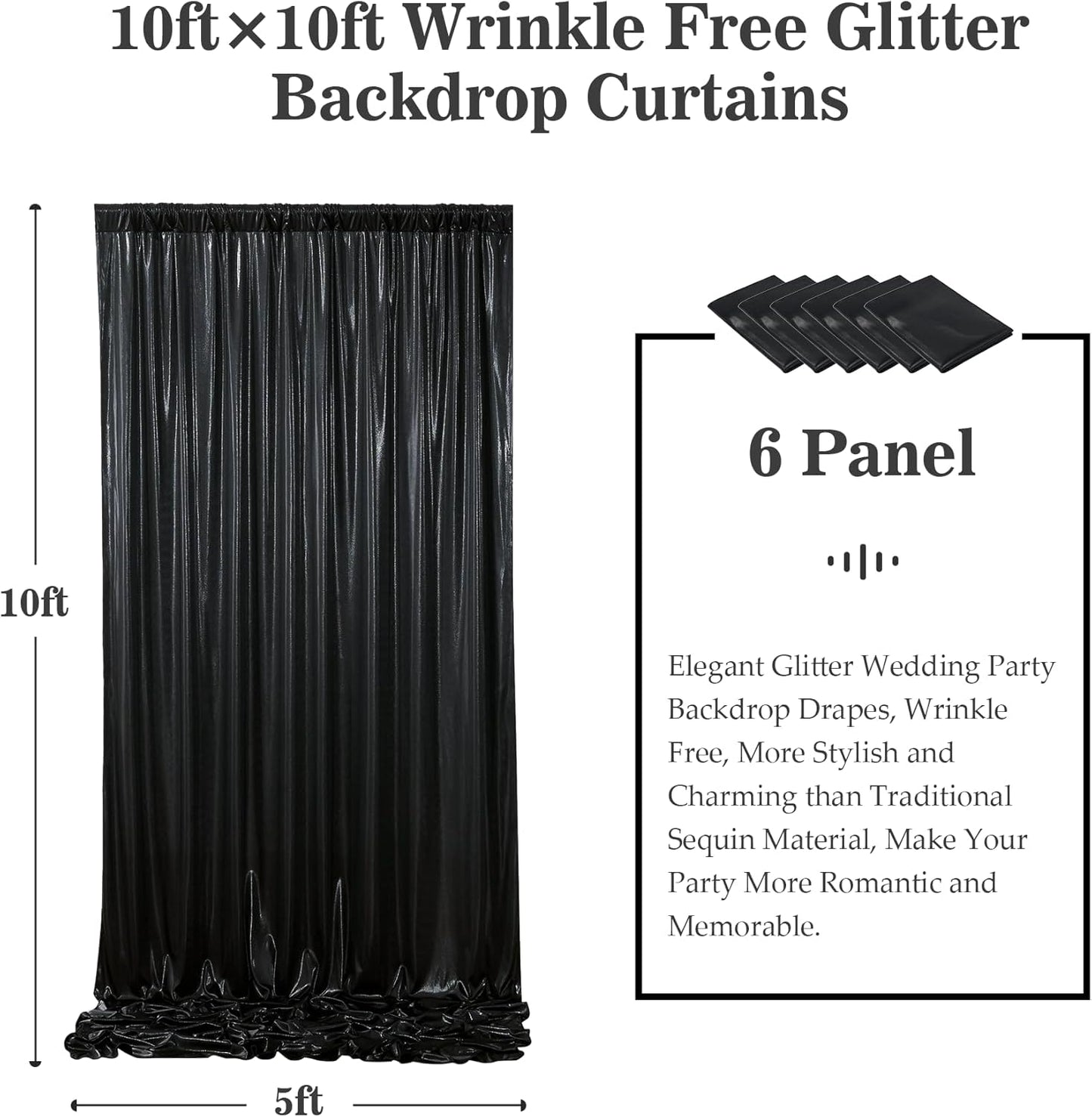Outpain Thick 30 ft x 10 ft Black Sequin Backdrop Curtain for Parties, Wrinkle Free Glitter Photo Backdrop Drapes 6 Panels 5x10ft Black Back Drop Cloth for Wedding Christmas Photography Background