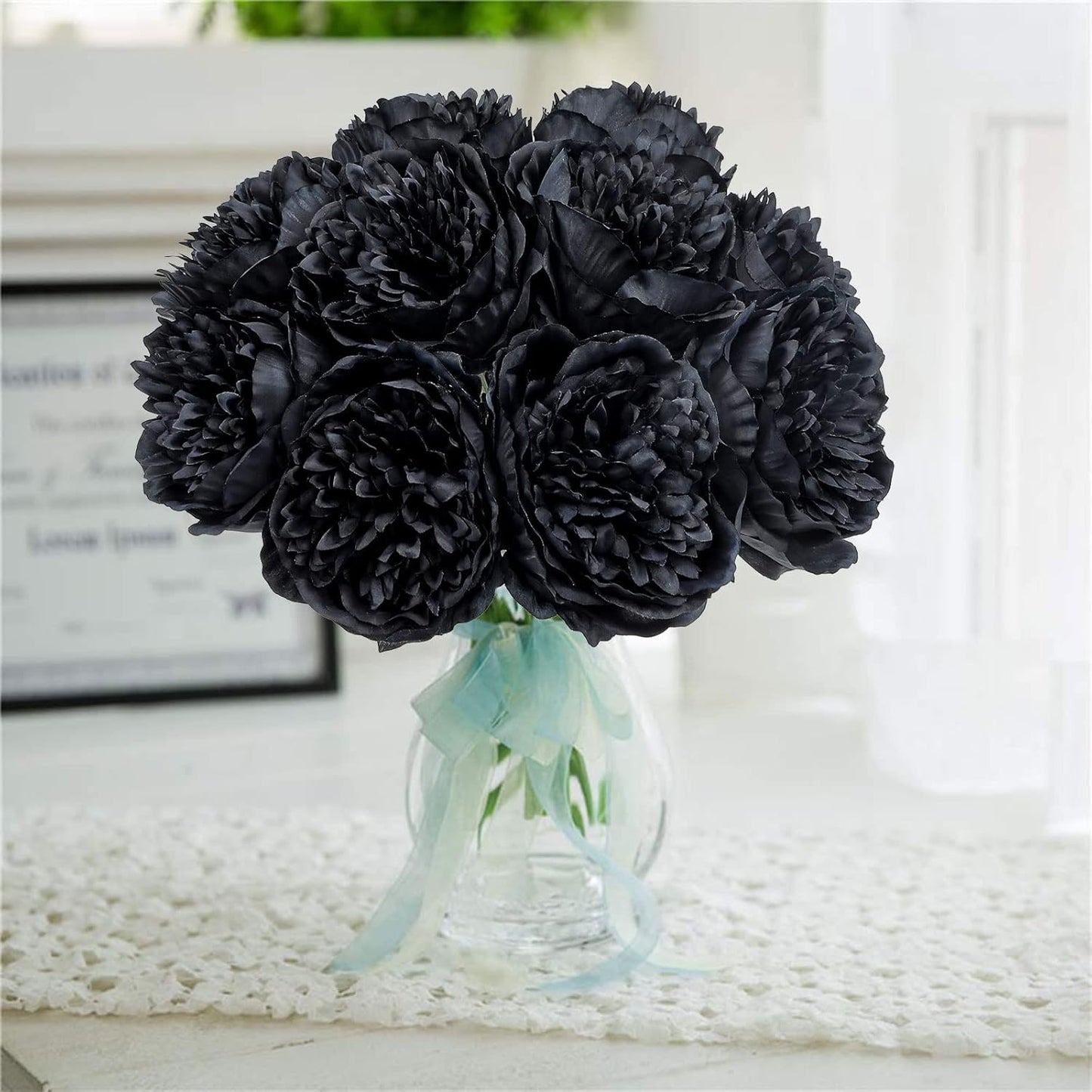 U'Artlines 10 Heads Artificial Peony Silk Flower Leaf Home Office Wedding Party Festival Bar Decor (Black)