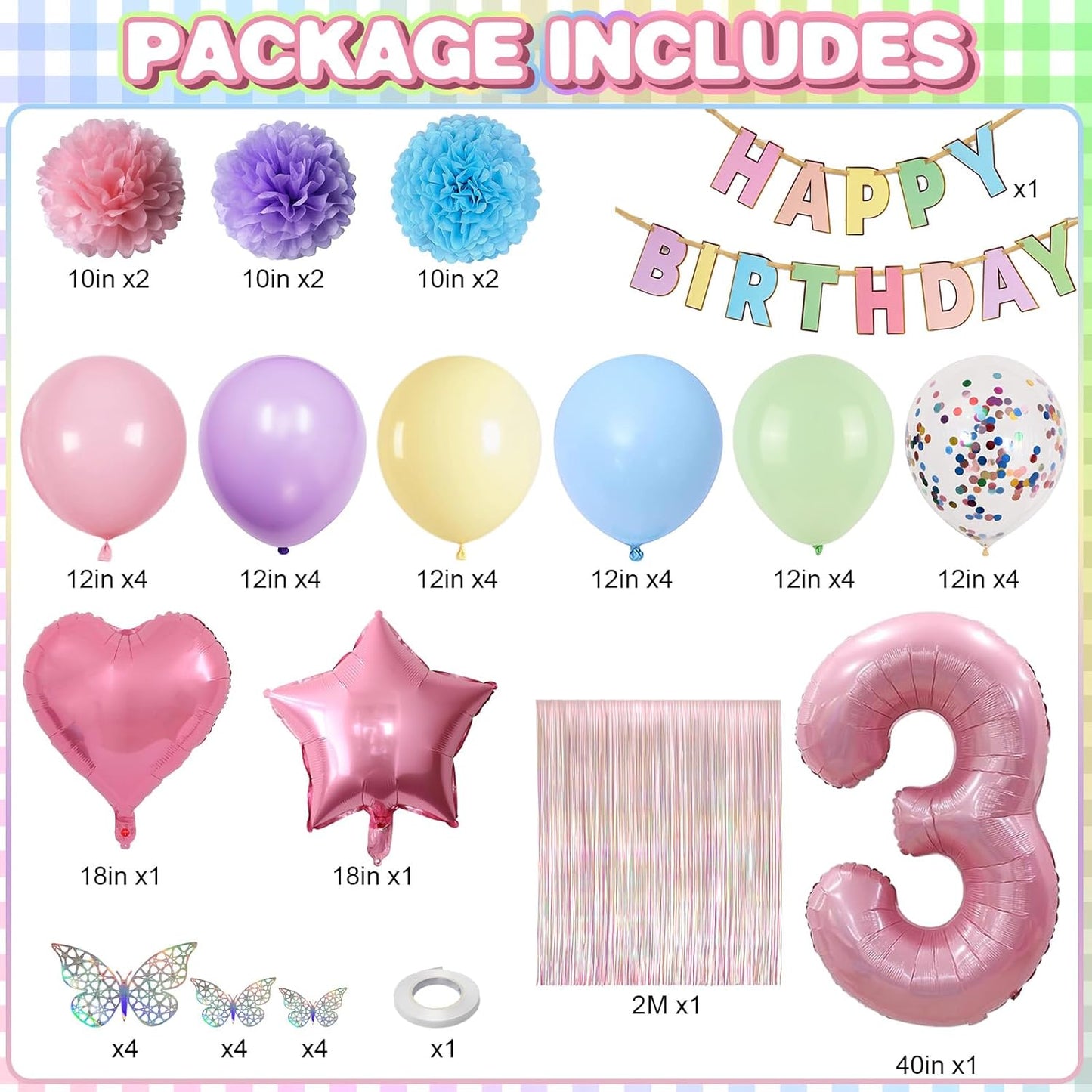Pastel 3rd Birthday Party Decorations for Girls Number 3 Balloon Happy Birthday Banner Butterfly Stickers Fringe Curtain Paper Pom Poms Macaron Pink Star Heart Foil Colorful Balloons 3 Year Old Decor