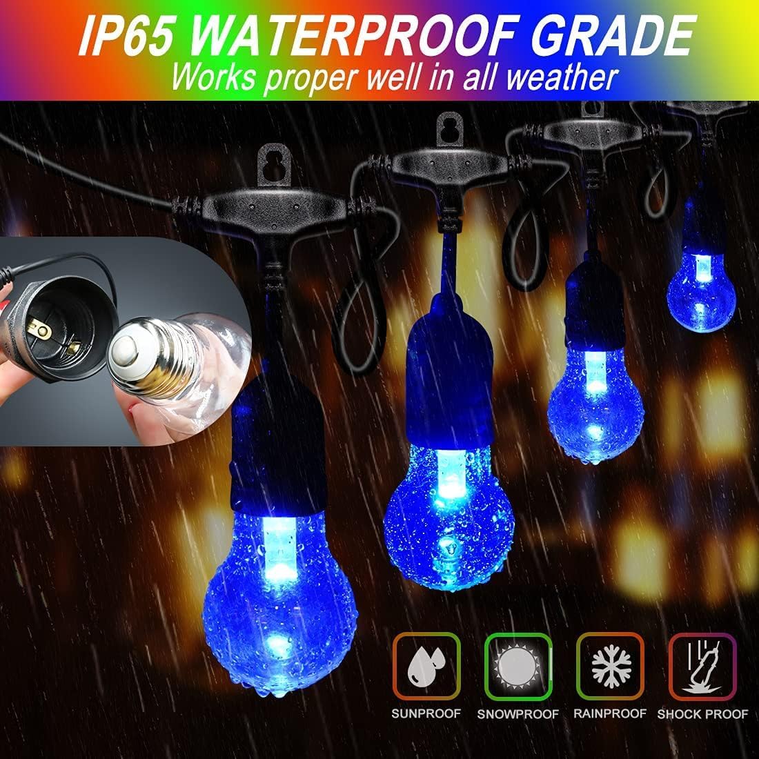 35FT Outdoor String Lights, 16 Shatterproof Edison Bulbs, Dimmable RGB Color Changing Patio Lights with Remote. Solar-Powered & Waterproof for Garden Commercial LED Decorative Lighting.