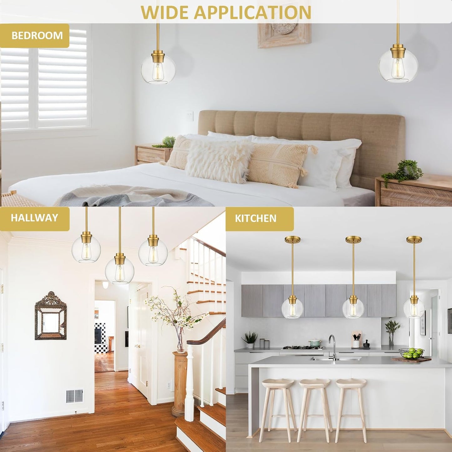Pendant Lights Kitchen Island, Modern Gold Pendant Light with Clear Glass, 7 Inch Farmhouse Hanging Light Fixtures for Dining Room Entryway, Bedroom, Hallway, Farmhouse- 3 Pack