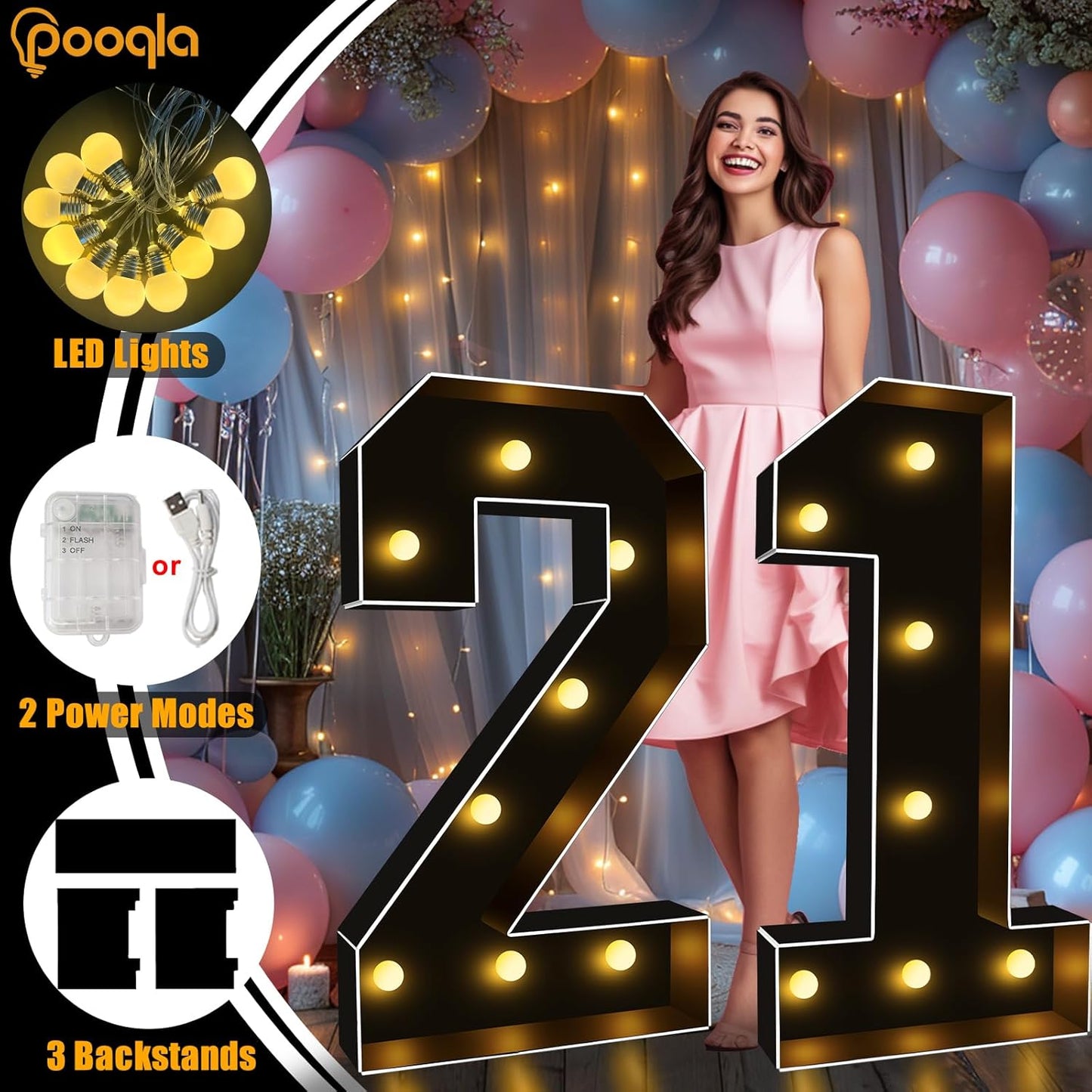 Pooqla 3FT Marquee Light Up Numbers, Black Lighted Party Decor for her him Women Men, Giant Mosaic Light Up Numbers for 10th 20th 30th Birthday Anniversary Decoration, Number 0