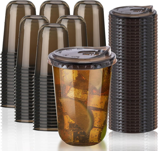 16oz Disposable Stemless Glasses With Strawless Sip Lids,PET Disposable Drinking Cups,Clear Plastic Wine Glasses for Parties Birthday,Wedding,Meeting,Christmas Party Supplies (100, Black)