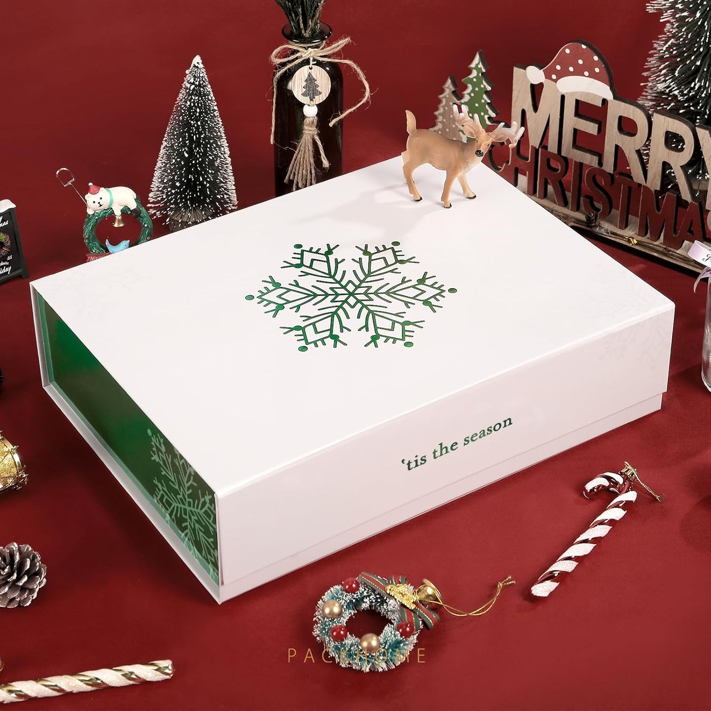 PACKHOME Christmas Gift Box 13x9.7x3.4 Inches, Large Gift Box with Lid, Sturdy Shirt Box with Magnetic Lid for Wrapping Gifts (Green Snowflake Pattern)