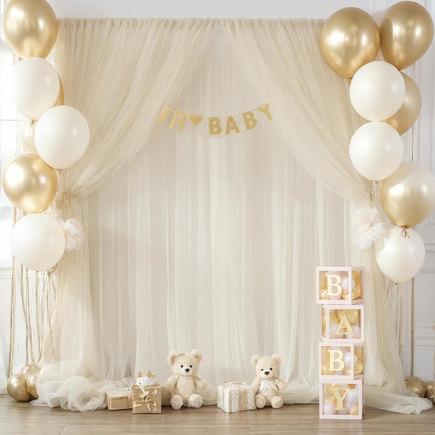 Champagne Sheer Backdrop Curtains for Parties Wedding Baby Shower Birthday Tulle Backdrop Drapes for Engagement Bridal Shower Christmas Photoshoot Background Decorations 10 ft X 10 ft, 2 Panels