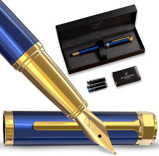 Ellington Pens Luxury Fountain Pen Set- Fountain Pens for Writing - Smooth Fine Nib - Includes Refillable Ink Converter, 3 Ink Cartridges [Black & Blue], Gift Box - Elegant Calligraphy