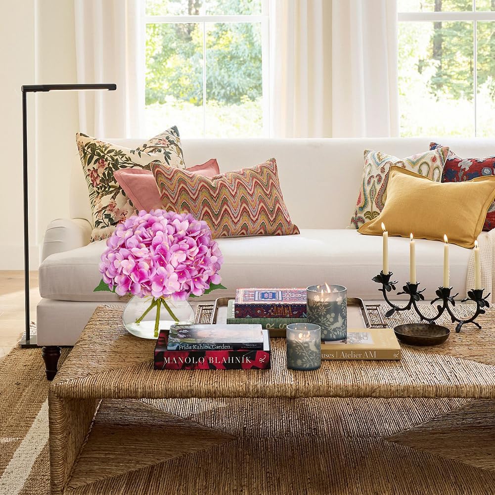 Hollyone Hydrangea Artificial Flowers with Glass Vase Purplish Pink Silk Faux Flowers Arrangements in Vase with Faux Water Fake Floral Bulk Bouquet for Home Decor Table Centerpiece Decorations