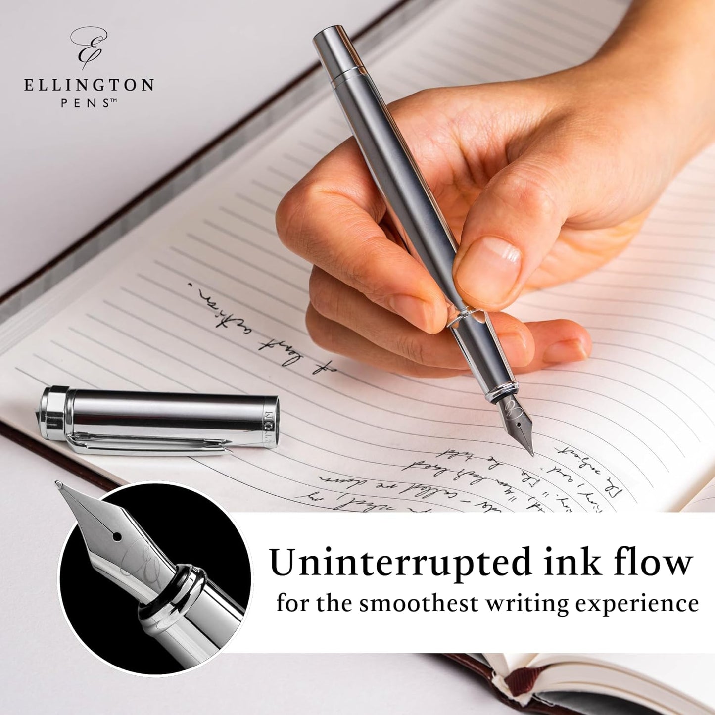 Ellington Pens Luxury Fountain Pen Set- Fountain Pens for Writing - Smooth Extra Fine Nib - Includes Refillable Ink Converter, 3 Ink Cartridges [Black & Blue], Gift Box - Elegant Calligraphy