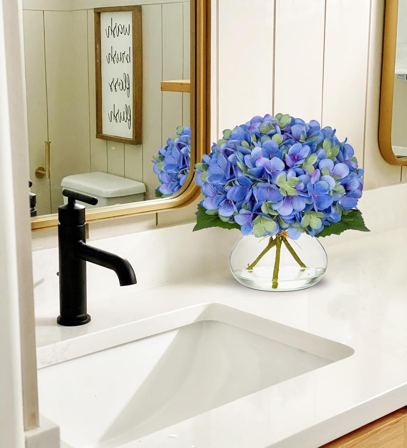 Hollyone Hydrangea Artificial Flowers with Glass Vase Blue-Green Silk Faux Flowers Arrangements in Vase with Faux Water Fake Floral Bulk Bouquet for Home Decor Table Centerpiece Decorations
