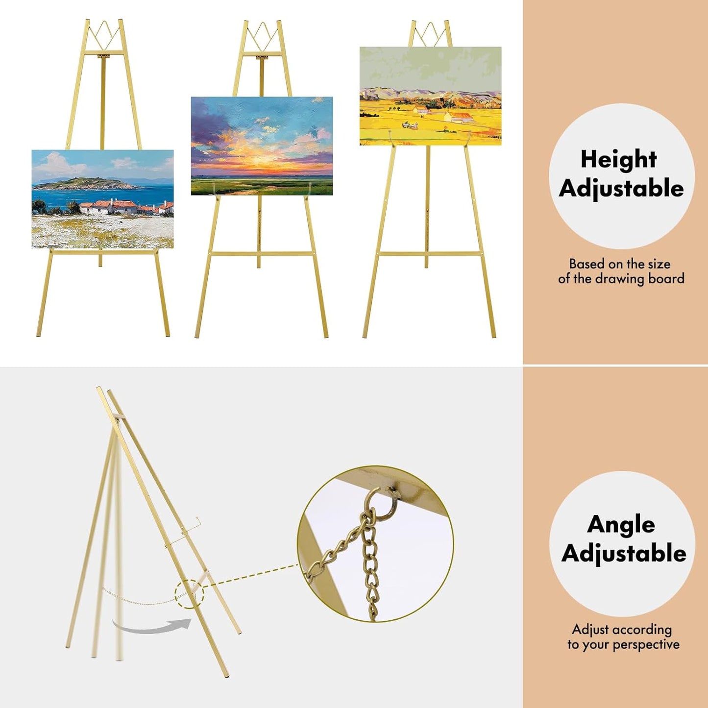 WATIHERE 57.5" Gold Easel Stand for Wedding Sign – 4 Adjustable Height Levels, Assembly Required, Heavy Duty Metal Display Stand for Art, Paintings, Posters, Pictures, and Home Décor