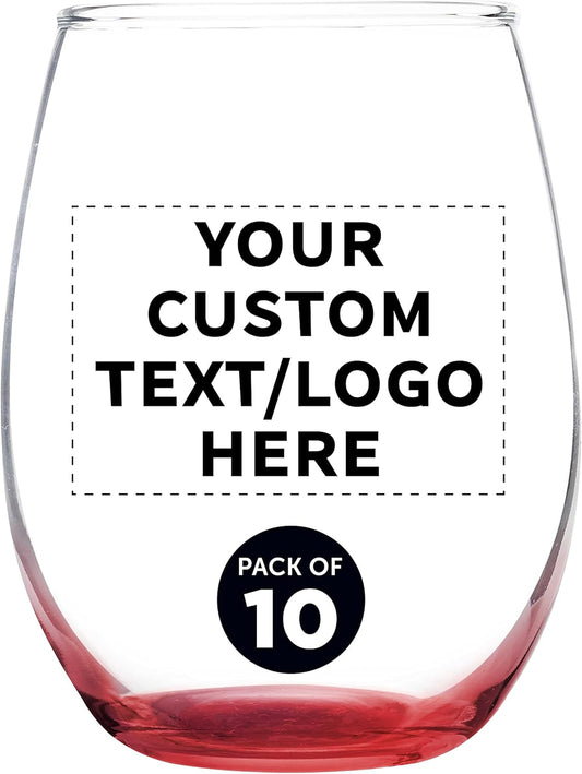 Custom Stemless Wine Glass 9 oz. Set of 10, Personalized Bulk Pack - Great for Wedding Favors, Bachelorette Party Decorations, Party Favors, Color Bottom - Red