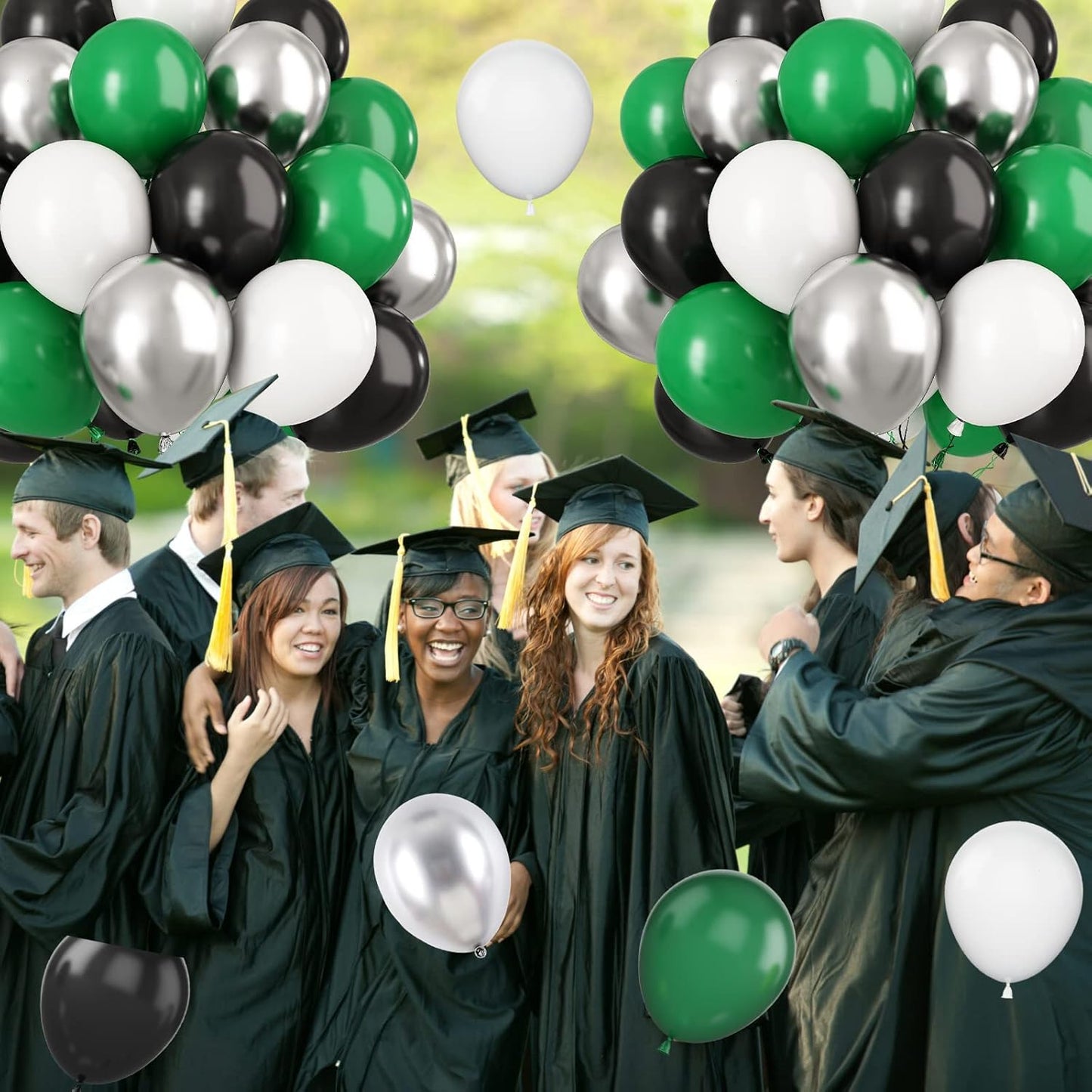 Paready Green Black Balloons, 60 Pcs 12 Inch Dark Green Metallic Silver Balloons, Black Green White Party Latex Balloons for Video Game, Football Party, Baby Shower, Birthday, Graduation Decoration