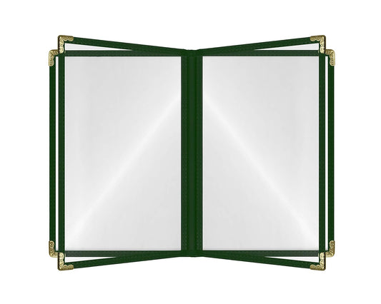 Goodsmart Restaurant Menu Covers – 25 Pack Green 8-View Booklet 8.5" x 14", Side-Loading Vinyl & Plastic Menu Holders, Clear Menu Sleeves, Leather-Style Café Covers with Gold Corners