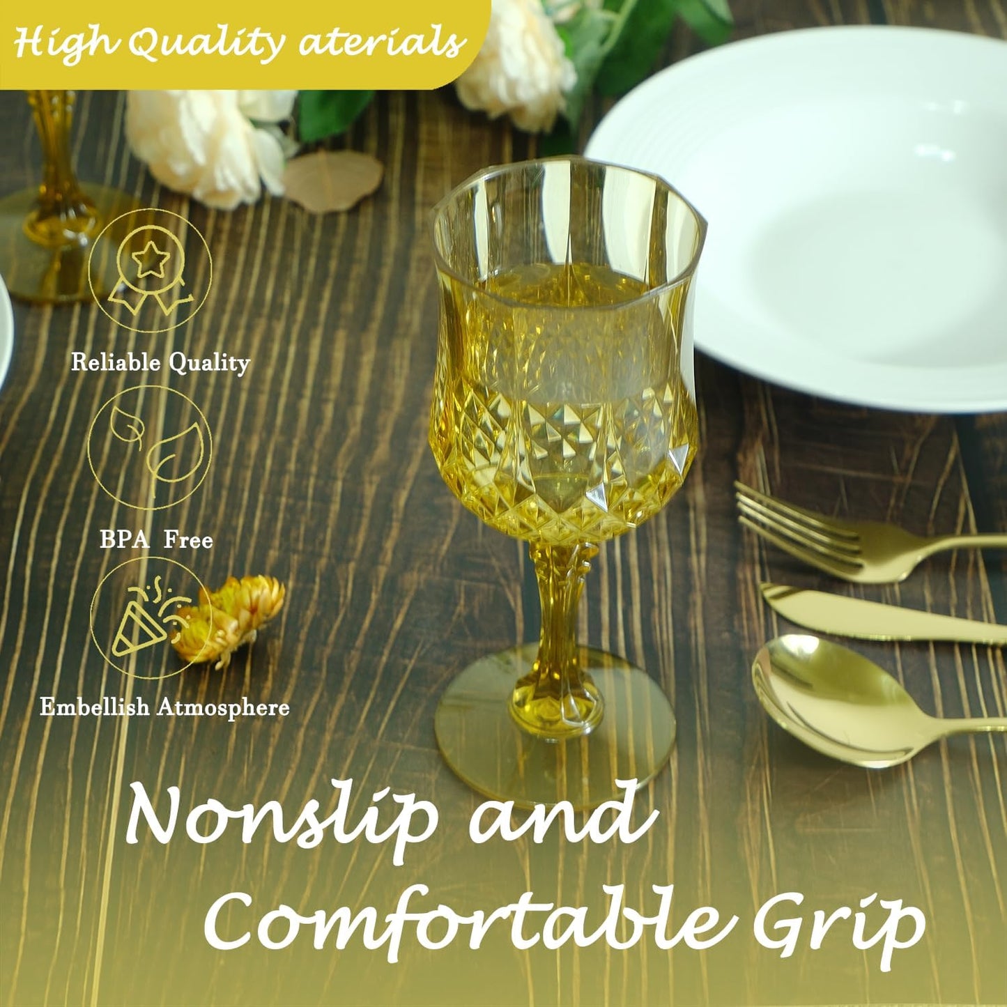 Plastic Wine Glasses，Plastic Goblets Vintage Style Cordial Drinking Glasses for Wedding Reception, Grand Event Party Supplies (48, Gold)