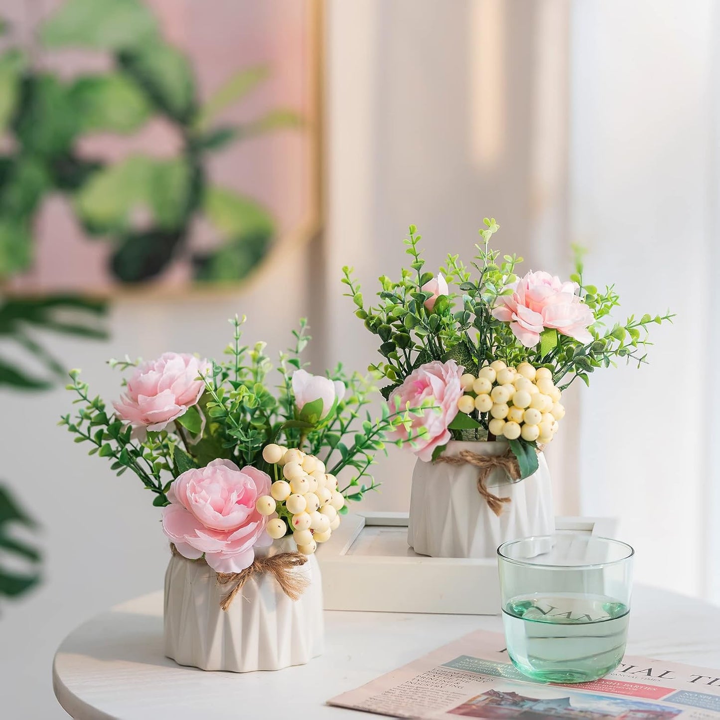 BLOSMON Table Decor Artificial Flowers Vase 7 Inch Small Fake Pink Flower Arrangement 2pcs for Tables Centerpieces Kitchen Dining Room Decorations Faux Flower in Vase Coffee Table Silk Roses