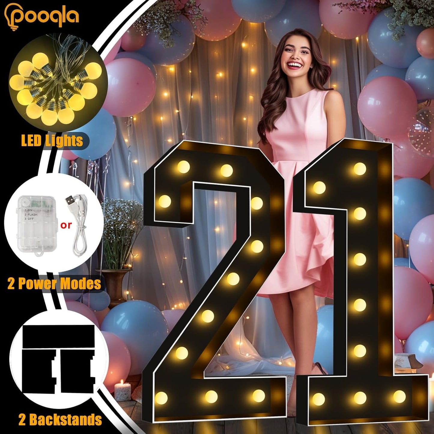 Pooqla 4 FT Light Up Marquee Numbers, Black Marquee Number Lights 4 Feet Tall for 7th 17th 70th Birthday, Giant Letter Big Mosaic Numbers for Balloons Party Anniversary Wedding Decorations, Number 7