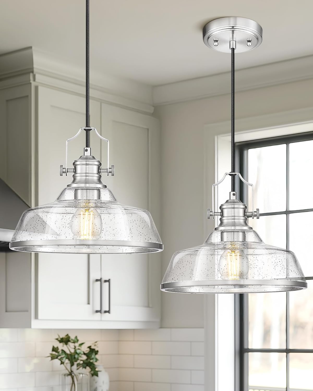 kudos Brushed Nickel Pendant Lights Kitchen Island, Large Pendant Light with Seeded Glass, Industrial Hanging Lighting for Kitchen Sink Dining Room Bathroom,KDPL13-BN-S