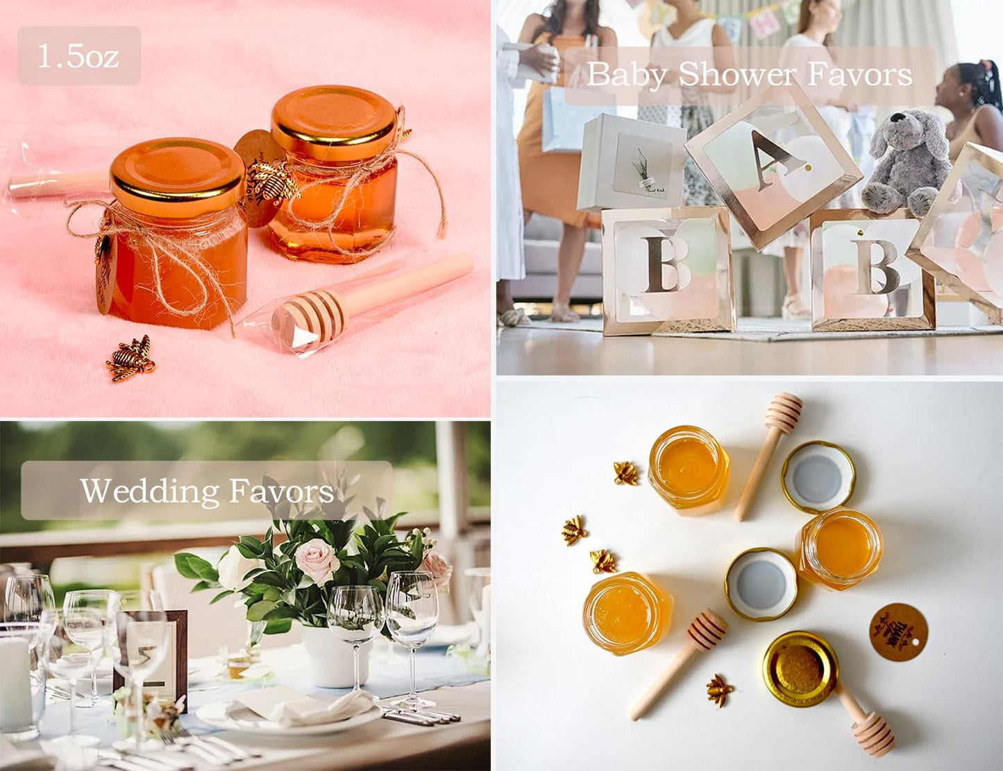 Honey Pot, Glass Honey Jars, Small Honey Jars with Wooden Dippers, Bee Charms, Gold Gift Bags and Jutes Lids, Mini Honey Jars Baby Shower Favors, 1.5oz 40 Pack