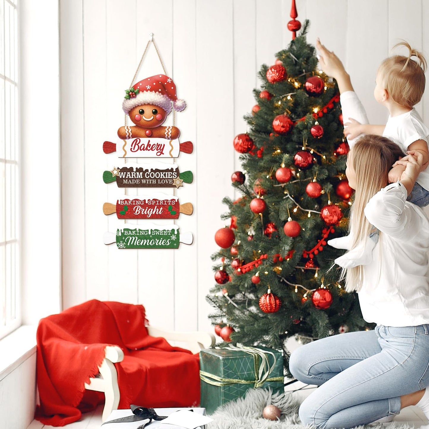 CHDITB Wooden Gingerbread Bakery Christmas Door Hanger, Rustic Christmas Wall Hanging Sign with Cookies Rolling Pin Warm Saying, Farmhouse Xmas Winter Holiday Decor for Indoor Outdoor