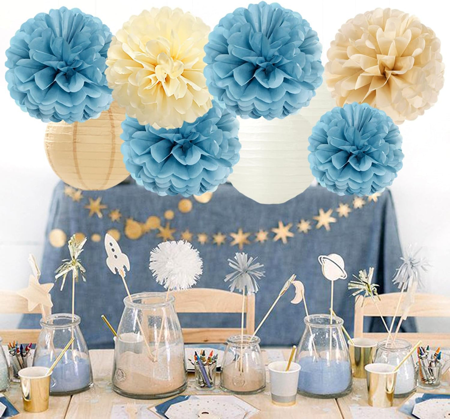 Dusty-Blue Champagne Party-Decorations Paper-Flowers Lanterns - 15pc Boho Beige Gold Tissue Pom Poms Streamers,Birthday Bachelorette Bridal Baby Shower Engagement Wedding Graduations Decor Panduola