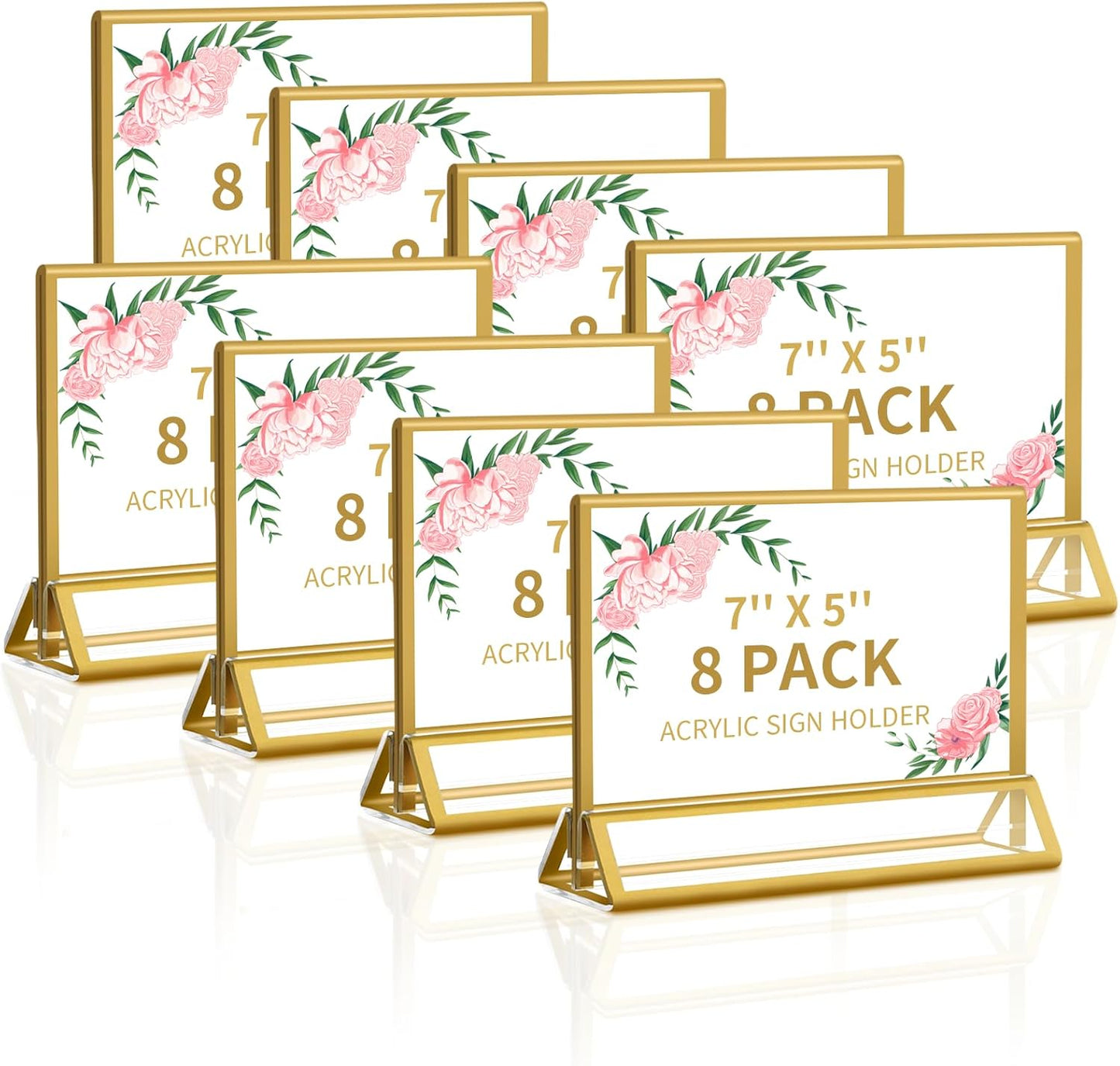 Smarpau 7x5 Gold Acrylic Sign Holder, 8 Pack Double Sided Holders Menu Holder for Wedding Party, Picture Frames Stands, Flyer Stand, Paper Display Stand Table Number Holders for Cafe, Restaurant