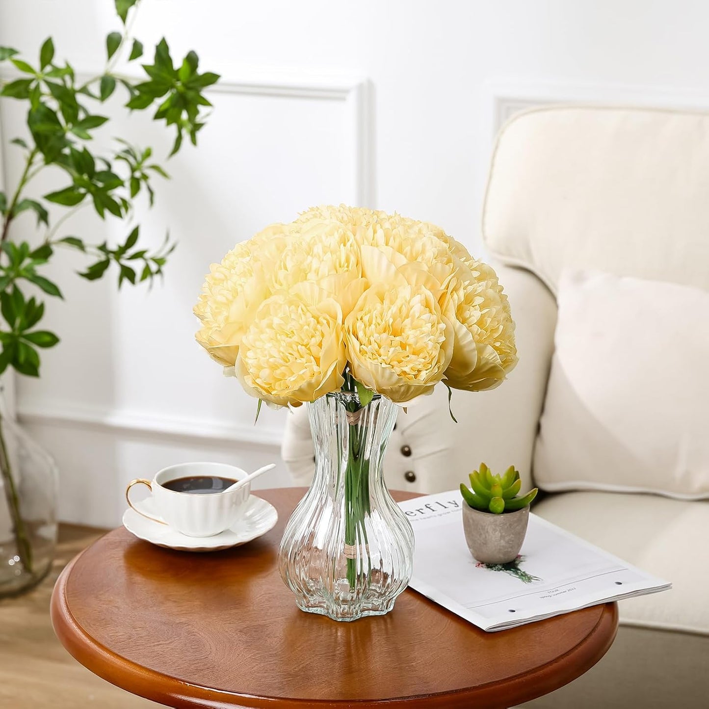 U'Artlines 10 Heads Artificial Peony Silk Flower Leaf Home Office Wedding Party Festival Bar Decor (Yellow)