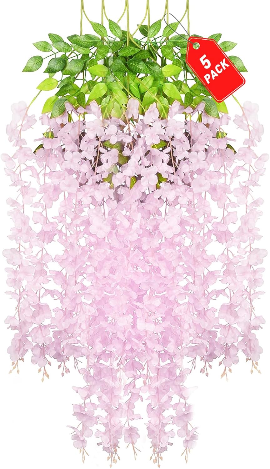 5 Pack Pink Wisteria Hanging Flowers, 3.44 Ft Fake Hanging Flowers, Artificial Wisteria Garland Vines for Wedding Room Backdrop Outdoor Patio Garden Decoration