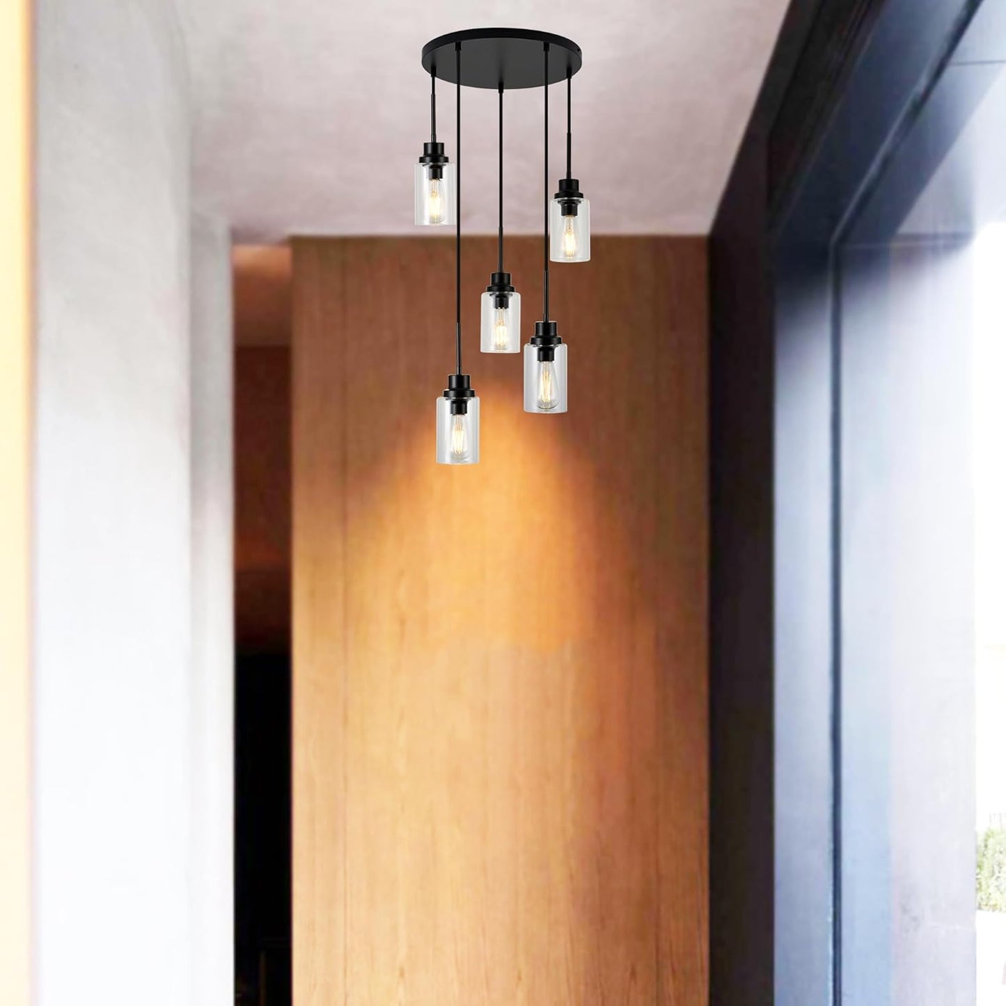 5-Light Kitchen Island Dimmable Pendant Lights with Clear Glass Shade, Black Finish for Dinning Room, Living Room, Kitchen Island