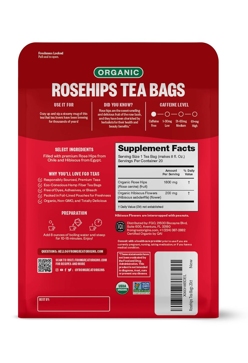 FGO Organic Rosehips Tea, 20 Count, Eco-Conscious Herbal Tea Bags, Resealable Bag, Caffeine Free, Packaging May Vary (Pack of 1)