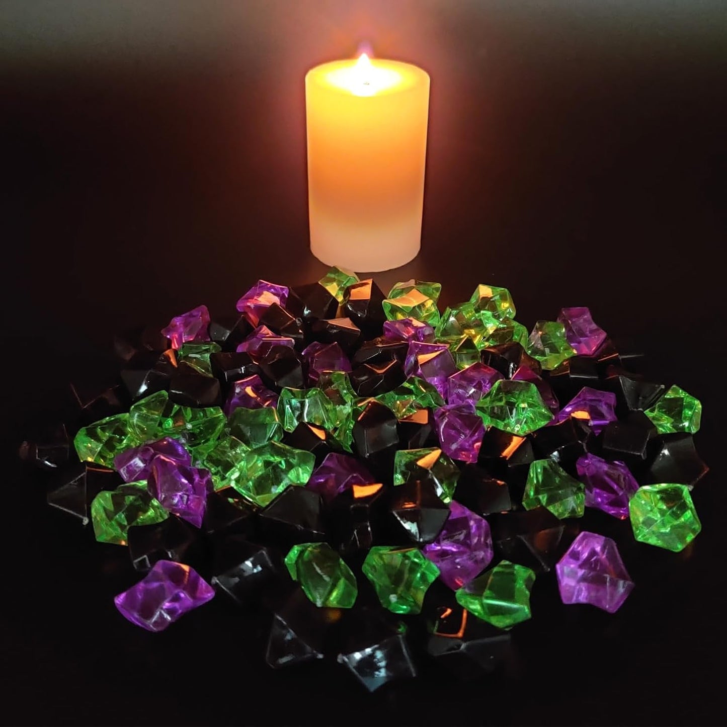 HappyFiller Halloween Decoration Fake Ice Rocks Crystal Cubes Stones for Vase Fillers,Party Decor, Crafts,Pirate Treasure Jewels Plastic Gemstone,Table Scatters,Mix Purple Green Black,15 OZ