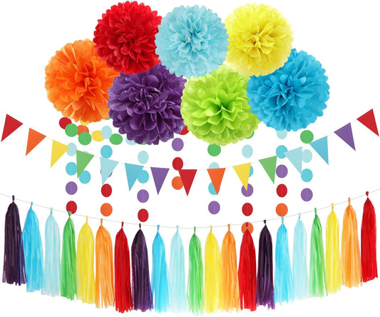 Rainbow Red-Orange Green-Blue Purple Party-Decorations - 30pcs Tissue Pom Poms Streamers, Colorful Theme Tassel Garland Banner, Boy Girl Kids Birthday Supplies,Baby Shower Wedding Decor Ouruola
