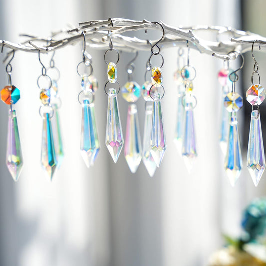 20PCS Chandelier Icicle Crystal Prisms Suncatcher,55mm Chandelier Crystals Replacement, AB Colors Crystals for Chandeliers with Hooks for Windows Wedding Lamp Decoration