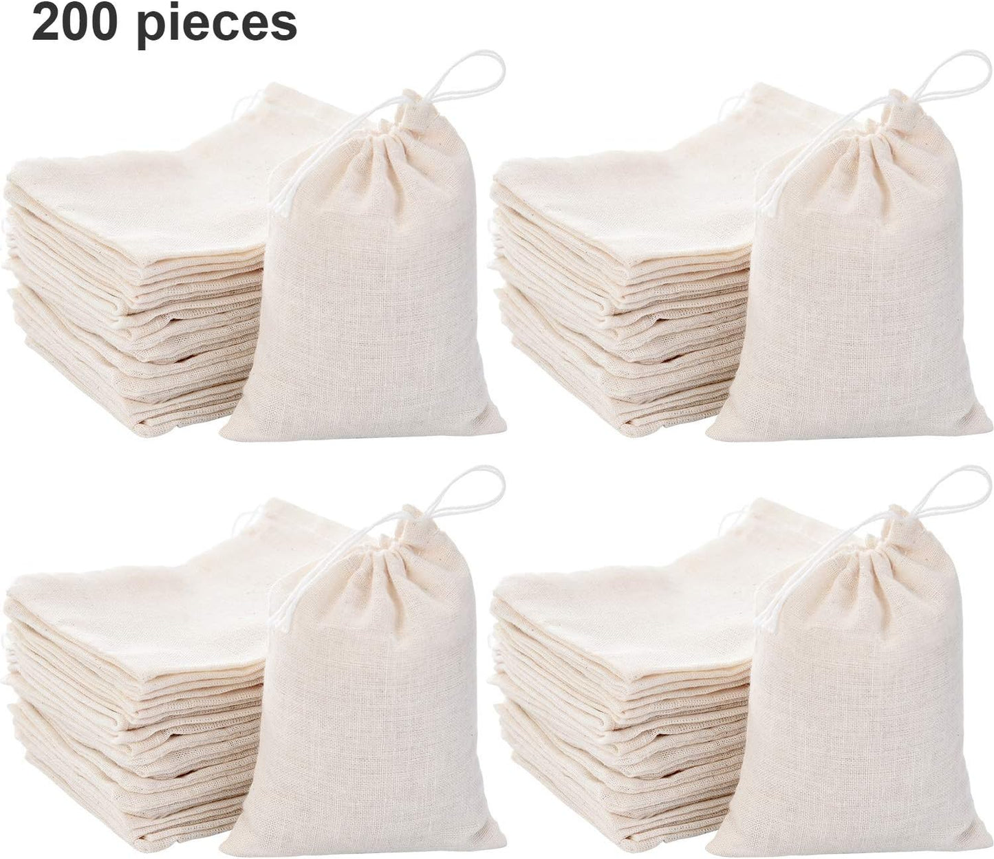 Tatuo 200 Pack Muslin Bags Burlap Drawstring sachet Bags Multipurpose Canvas Linen Pouch for Tea Jewelry Wedding Party Favors Storage