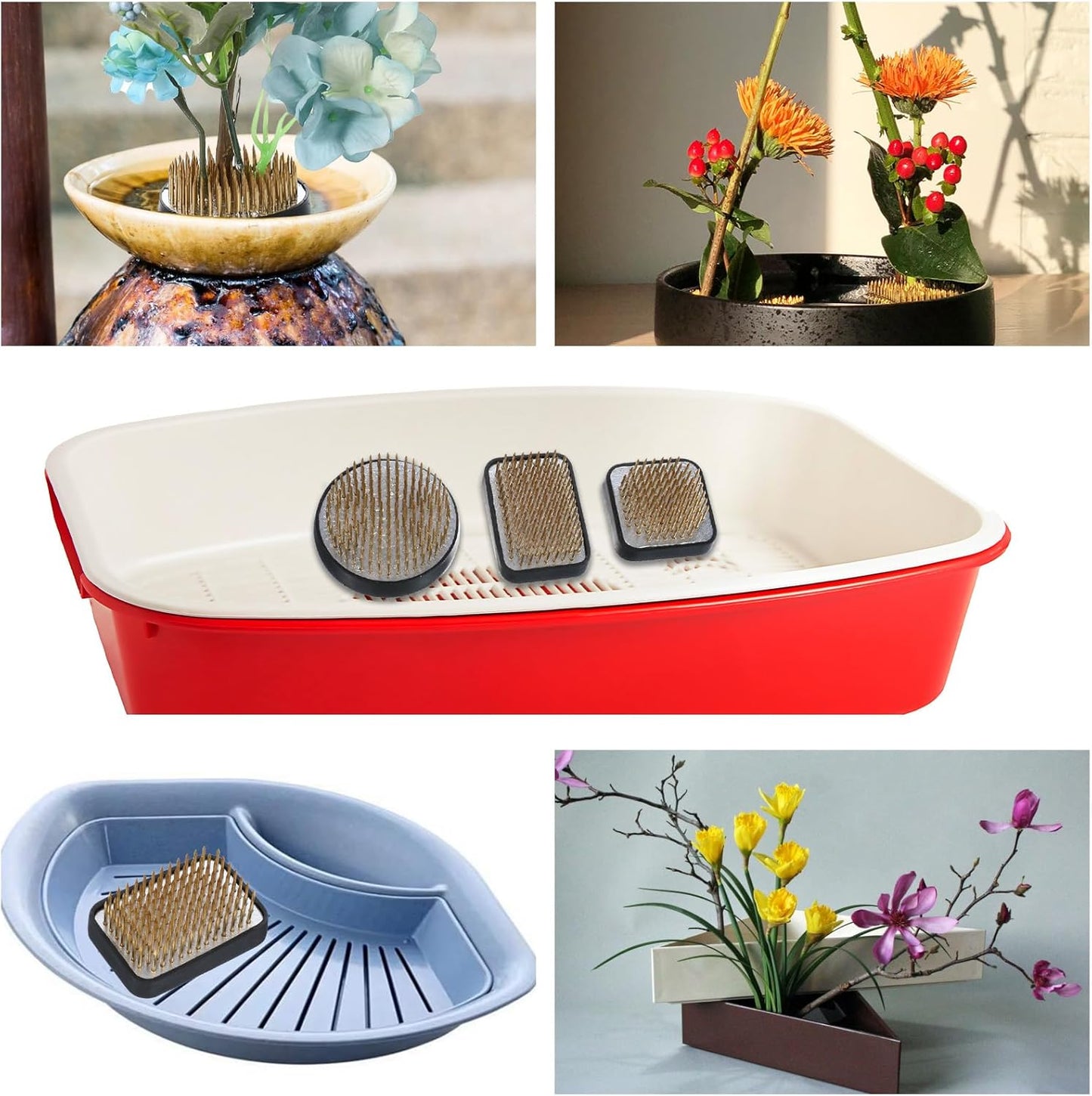 4/Set Flower Frog Japanese Ikebana Flower Arrangement Kenzan Kit, 2.4”Round Floral Frog Moribana+1.6”Square Ikebana Kenzan+2.1”x1.4”Rectangle Pin Frog+1.4”Round