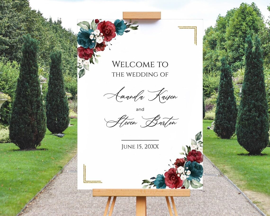 Burgundy and Dark Teal Wedding Welcome Sign, Welcome To The Wedding Of Signs